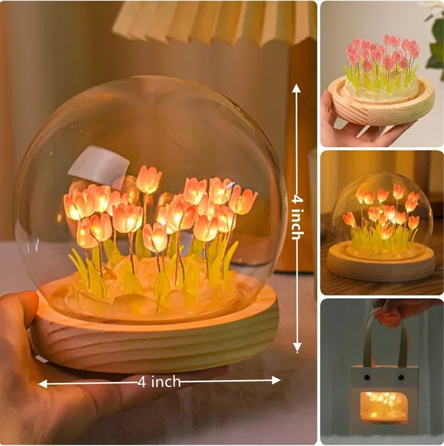 Round Tulip Blossom LED Night Light – Floral Glass Dome Lamp with Warm Ambient Glow