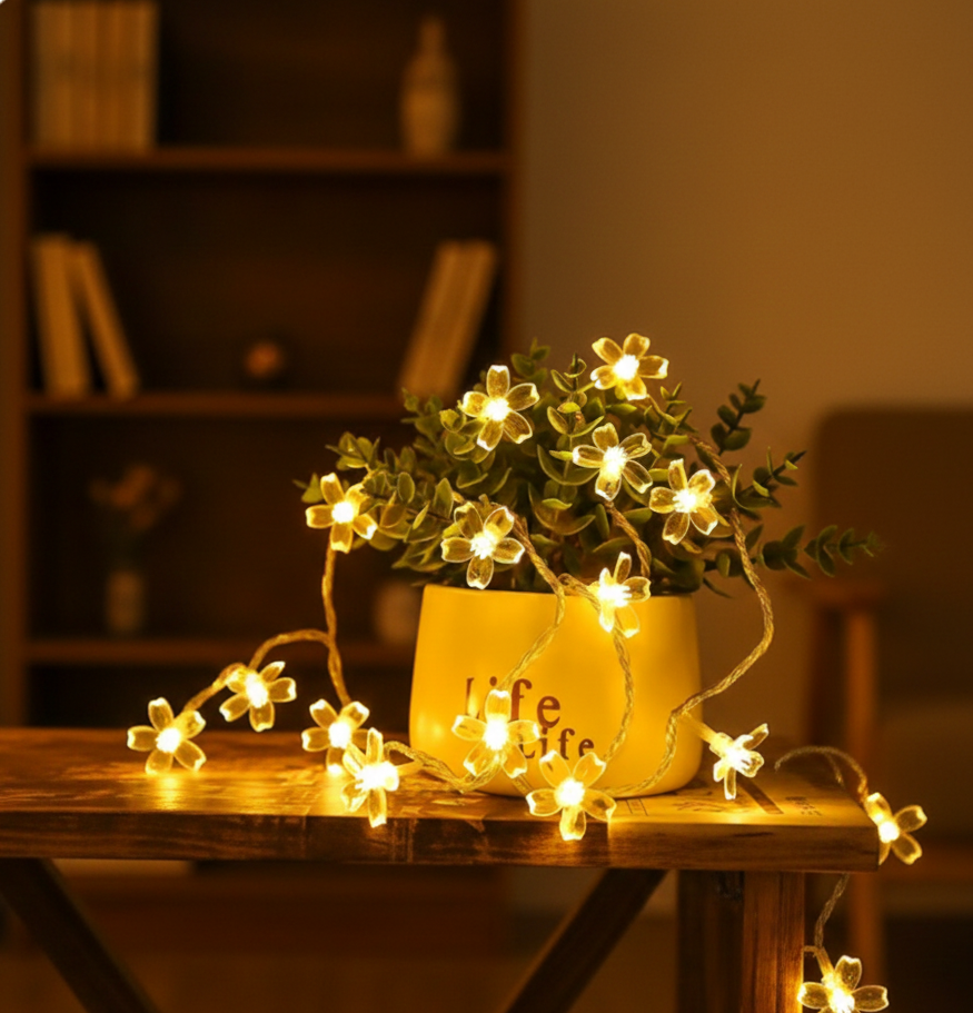 Warm White Floral Fairy Lights – Silicone Flower LED String for Indoor & Outdoor Decor