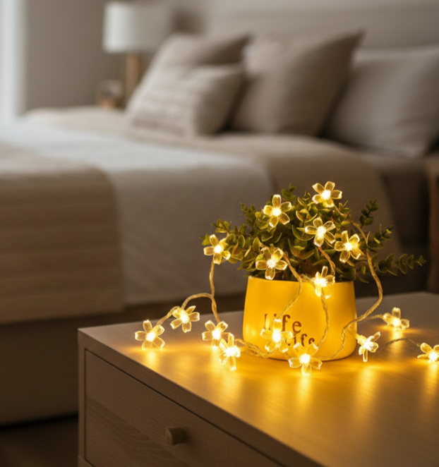 Warm White Floral Fairy Lights – Silicone Flower LED String for Indoor & Outdoor Decor